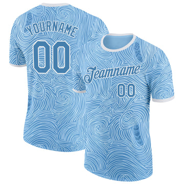 Custom Blue White Argentina Swirling Wave Performance T-Shirt
