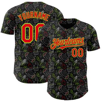 Custom Black Fire Red-Neon Green 3D Pattern Design Foodie Mexican Food Doodles Authentic Baseball Jersey