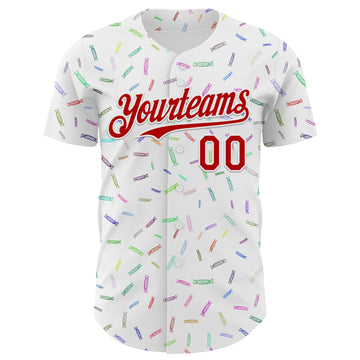Custom White Red 3D Pattern Design Foodie Candy Sweets Authentic Baseball Jersey
