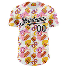 Load image into Gallery viewer, Custom White Black 3D Pattern Design Foodie Fast Food Hot Dog Doughnuts Authentic Baseball Jersey

