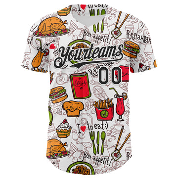 Custom White Black 3D Pattern Design Foodie Fast Food Doodles Authentic Baseball Jersey