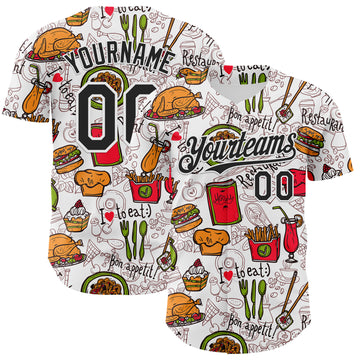 Custom White Black 3D Pattern Design Foodie Fast Food Doodles Authentic Baseball Jersey