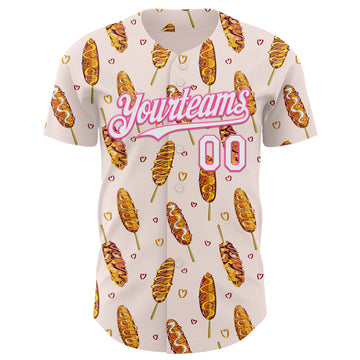 Custom Light Pink White-Pink 3D Pattern Design Foodie Asian Corndog Authentic Baseball Jersey