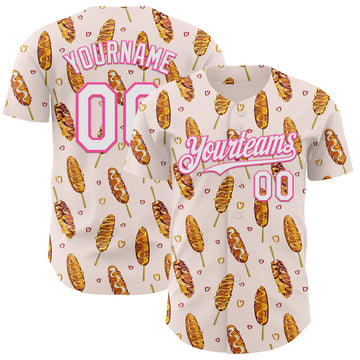 Custom Light Pink White-Pink 3D Pattern Design Foodie Asian Corndog Authentic Baseball Jersey