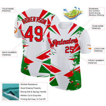 Custom White Fire Red Green-Black Portugal Geometric Performance T-Shirt