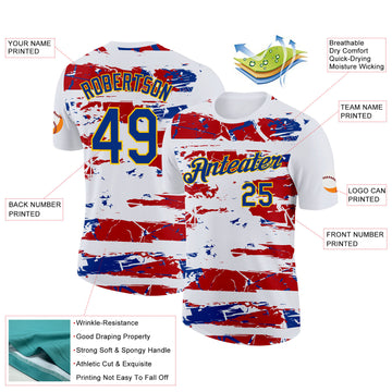 Custom White Royal Gold-Red France Grunge Performance T-Shirt