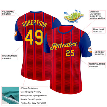 Custom Red Gold-Royal Spain Stripe Performance T-Shirt