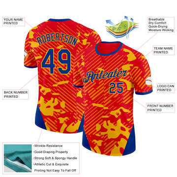 Custom Red Royal-Gold Spain Diagonal Stripe Performance T-Shirt