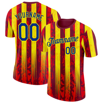 Custom Red Royal-Light Yellow Spain Splash Stripe Performance T-Shirt