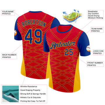 Custom Red Royal-Gold Spain Geometric Net Performance T-Shirt