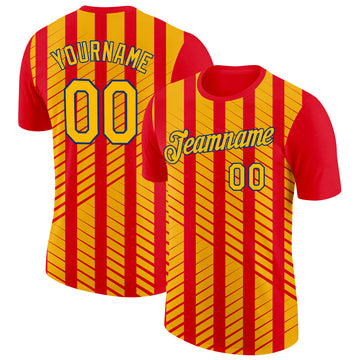 Custom Red Gold-Royal Spain Stripe Performance T-Shirt