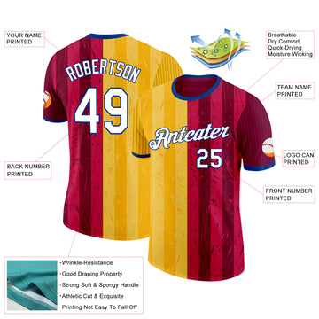 Custom Red White Yellow-Royal Spain Stripe Splash Performance T-Shirt