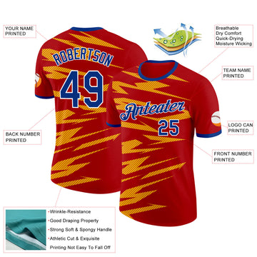 Custom Red Royal Yellow-White Spain Lightning Stripe Performance T-Shirt
