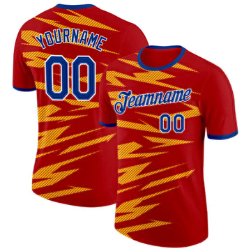 Custom Red Royal Yellow-White Spain Lightning Stripe Performance T-Shirt