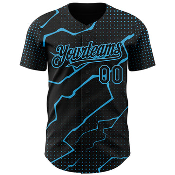 Custom Black Sky Blue 3D Pattern Design Lightning Polka Dot Authentic Baseball Jersey