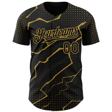 Custom Black Old Gold 3D Pattern Design Lightning Polka Dot Authentic Baseball Jersey