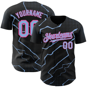 Custom Black Light Blue-Pink 3D Pattern Design Lightning Polka Dot Authentic Baseball Jersey