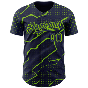 Custom Navy Neon Green 3D Pattern Design Lightning Polka Dot Authentic Baseball Jersey