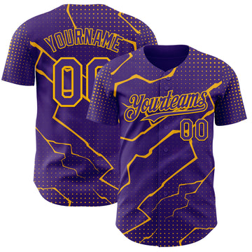 Custom Purple Gold 3D Pattern Design Lightning Polka Dot Authentic Baseball Jersey