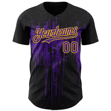 Custom Black Purple-Yellow 3D Pattern Design Dripping Splatter Paint Authentic Baseball Jersey