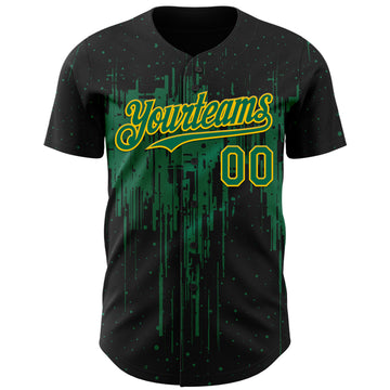 Custom Black Kelly Green-Yellow 3D Pattern Design Dripping Splatter Paint Authentic Baseball Jersey