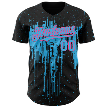 Custom Black Sky Blue-Pink 3D Pattern Design Dripping Splatter Paint Authentic Baseball Jersey