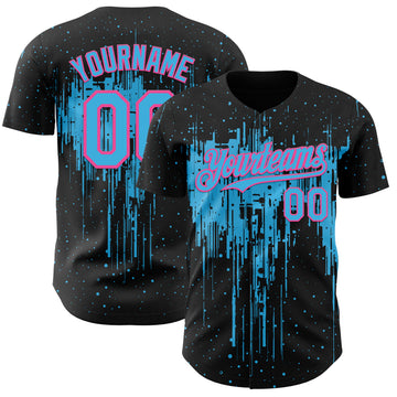 Custom Black Sky Blue-Pink 3D Pattern Design Dripping Splatter Paint Authentic Baseball Jersey