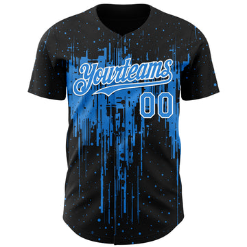 Custom Black Powder Blue-White 3D Pattern Design Dripping Splatter Paint Authentic Baseball Jersey