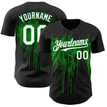 Custom Black White-Grass Green 3D Pattern Design Dripping Splatter Paint Authentic Baseball Jersey