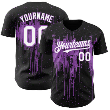 Custom Black White-Medium Purple 3D Pattern Design Dripping Splatter Paint Authentic Baseball Jersey