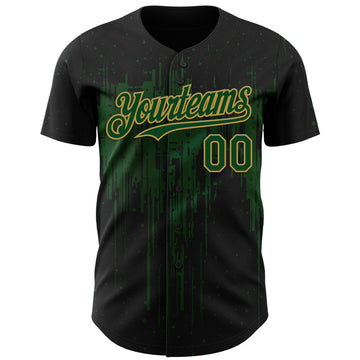 Custom Black Green-Old Gold 3D Pattern Design Dripping Splatter Paint Authentic Baseball Jersey