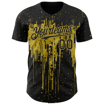 Custom Black Old Gold 3D Pattern Design Dripping Splatter Paint Authentic Baseball Jersey