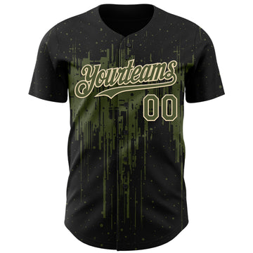 Custom Black Olive-Cream 3D Pattern Design Dripping Splatter Paint Authentic Baseball Jersey