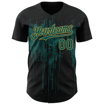 Custom Black Midnight Green-Old Gold 3D Pattern Design Dripping Splatter Paint Authentic Baseball Jersey