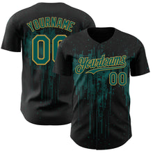 Load image into Gallery viewer, Custom Black Midnight Green-Old Gold 3D Pattern Design Dripping Splatter Paint Authentic Baseball Jersey

