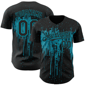 Custom Black Teal 3D Pattern Design Dripping Splatter Paint Authentic Baseball Jersey
