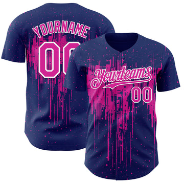 Custom Royal Deep Pink-White 3D Pattern Design Dripping Splatter Paint Authentic Baseball Jersey