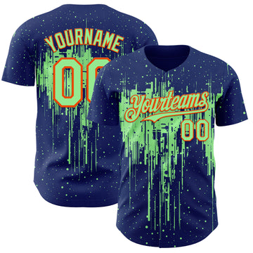 Custom Royal Pea Green-Orange 3D Pattern Design Dripping Splatter Paint Authentic Baseball Jersey