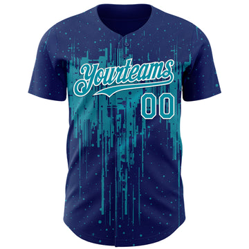 Custom Royal Teal-White 3D Pattern Design Dripping Splatter Paint Authentic Baseball Jersey