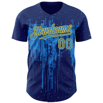 Custom Royal Powder Blue-Yellow 3D Pattern Design Dripping Splatter Paint Authentic Baseball Jersey