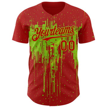 Custom Red Neon Green 3D Pattern Design Dripping Splatter Paint Authentic Baseball Jersey