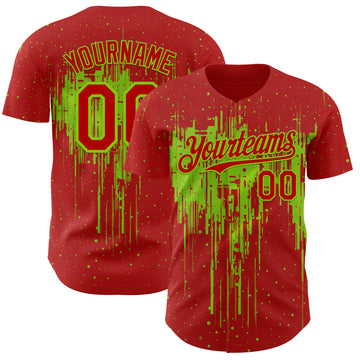 Custom Red Neon Green 3D Pattern Design Dripping Splatter Paint Authentic Baseball Jersey
