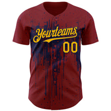 Загрузить изображение в средство просмотра галереи, Custom Crimson Gold-Navy 3D Pattern Design Dripping Splatter Paint Authentic Baseball Jersey
