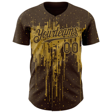 Custom Brown Old Gold 3D Pattern Design Dripping Splatter Paint Authentic Baseball Jersey