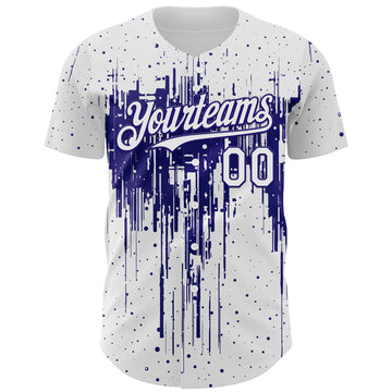 Custom White Dark Purple 3D Pattern Design Dripping Splatter Paint Authentic Baseball Jersey