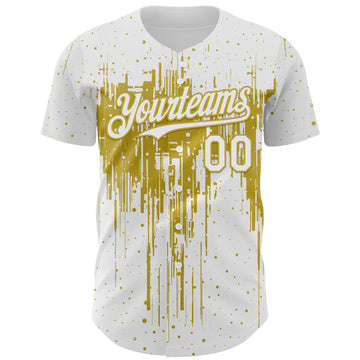Custom White Old Gold 3D Pattern Design Dripping Splatter Paint Authentic Baseball Jersey