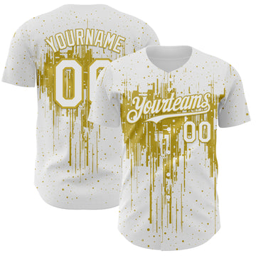 Custom White Old Gold 3D Pattern Design Dripping Splatter Paint Authentic Baseball Jersey