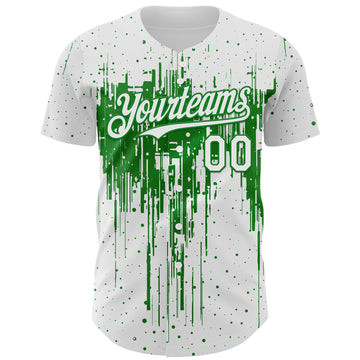 Custom White Grass Green 3D Pattern Design Dripping Splatter Paint Authentic Baseball Jersey