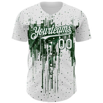 Custom White Green 3D Pattern Design Dripping Splatter Paint Authentic Baseball Jersey