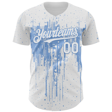 Custom White Light Blue 3D Pattern Design Dripping Splatter Paint Authentic Baseball Jersey